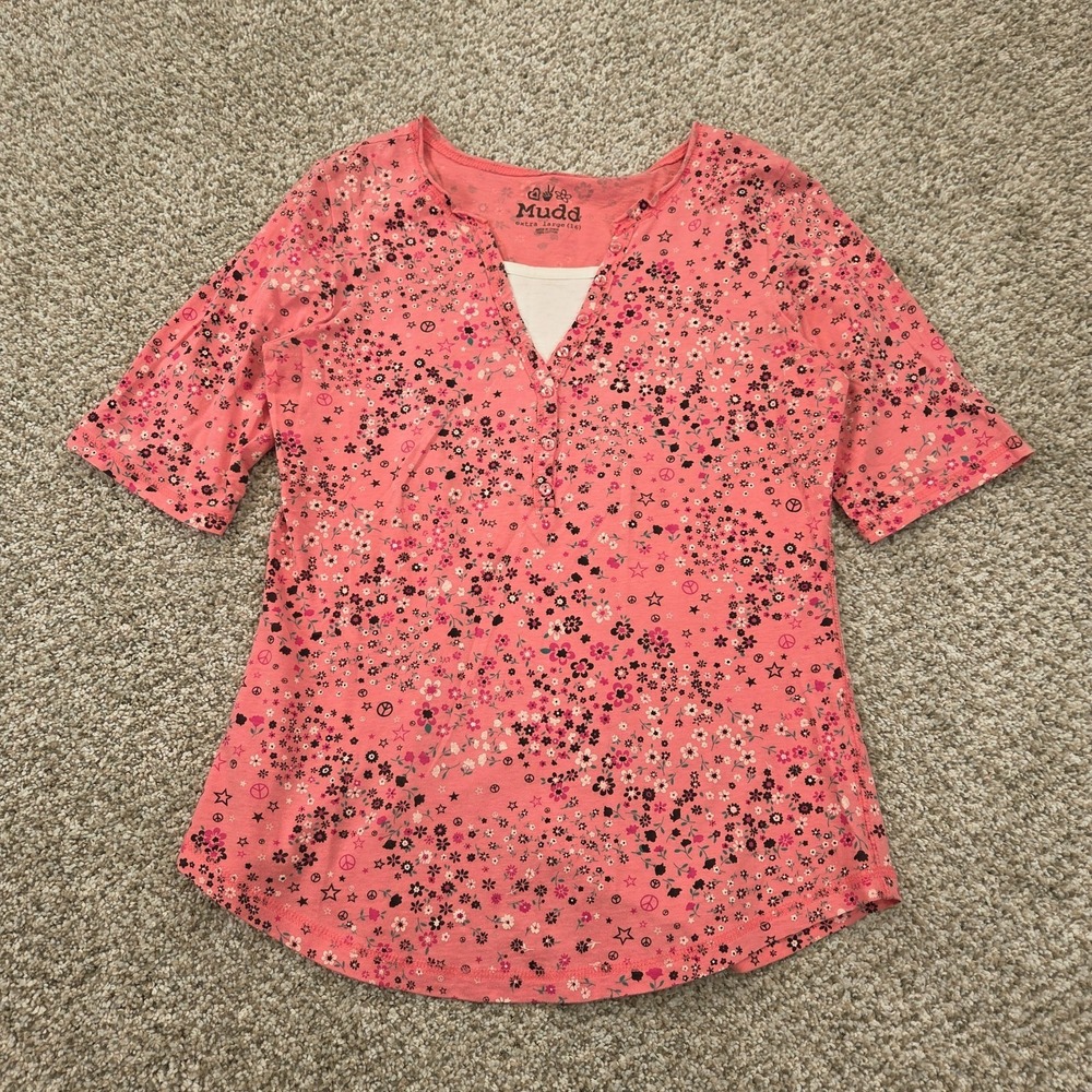 Vintage Y2K Mudd Knit Short Sleeve Henley 100% Cotton Peach Pink Floral Size XL